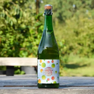 Op de tafel op het terras staat een fles van ons bruisend appelsap.